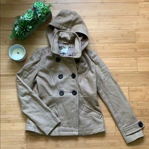 Tan Double Breasted Hooded Coat